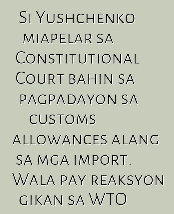 Si Yushchenko miapelar sa Constitutional Court bahin sa pagpadayon sa customs allowances alang sa mga import. Wala pay reaksyon gikan sa WTO