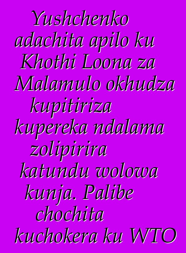 Yushchenko adachita apilo ku Khothi Loona za Malamulo okhudza kupitiriza kupereka ndalama zolipirira katundu wolowa kunja. Palibe chochita kuchokera ku WTO pakadali pano