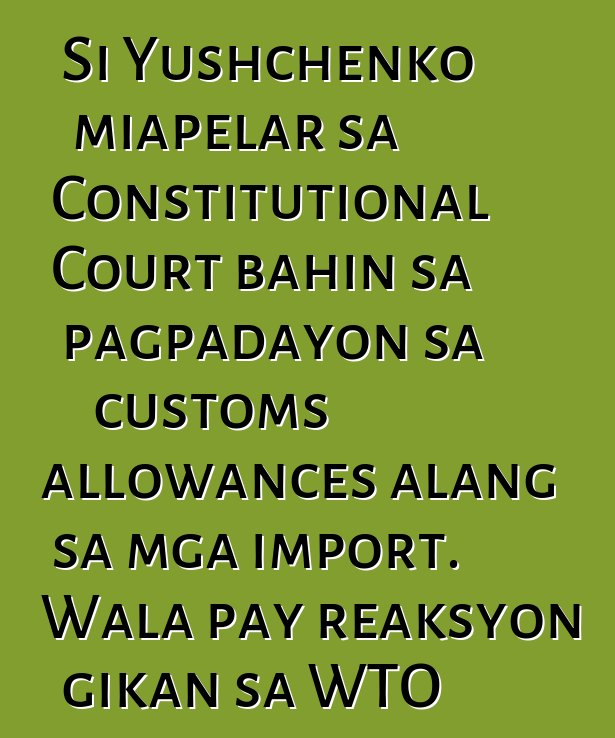 Si Yushchenko miapelar sa Constitutional Court bahin sa pagpadayon sa customs allowances alang sa mga import. Wala pay reaksyon gikan sa WTO